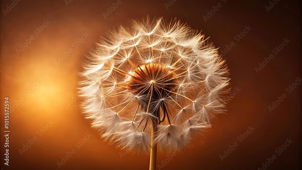 Fototapeta premium A single dandelion seed head, backlit, with soft brown hues, revealing delicate, intricate patterns within its delicate structure.