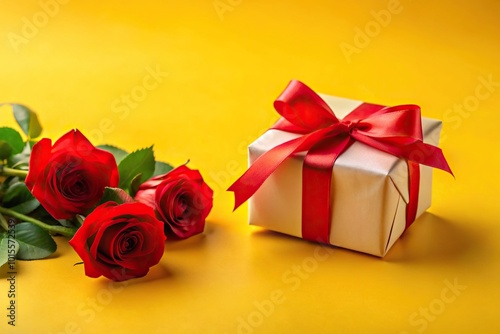 Gift box with red ribbon and red roses on a yellow background