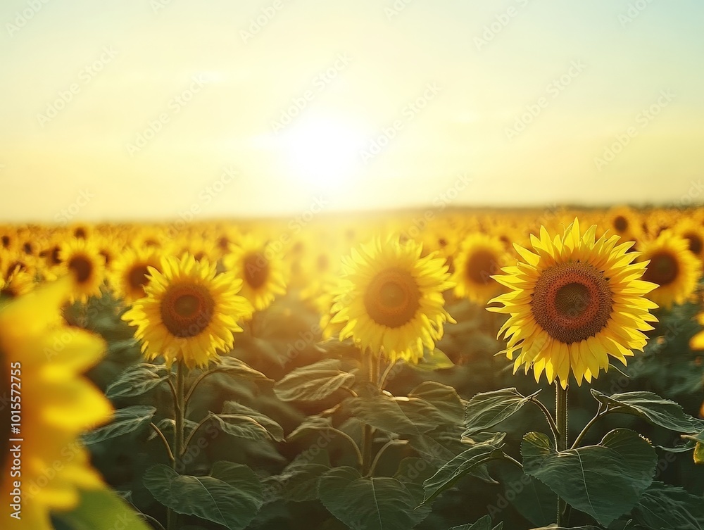 Fototapeta premium A field of sunflowers stretching as far as the eye can see, all facing the sun