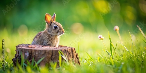 A Small Bunny Resting on a Tree Stump Amidst a Lush Green Meadow with Delicate Wildflowers