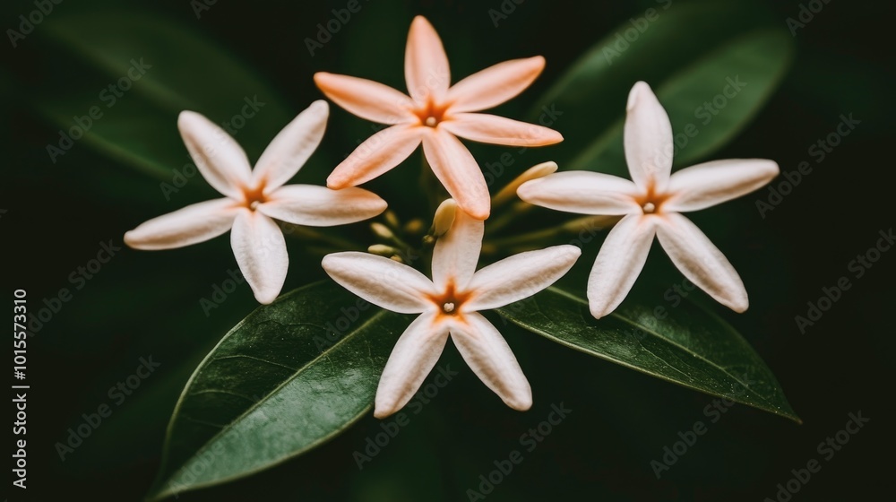 Fototapeta premium A fragrant jasmine plant growing in a sunny backyard, surrounded by colorful flowers, capturing the essence of a vibrant and lush garden in full bloom. --chaos 70