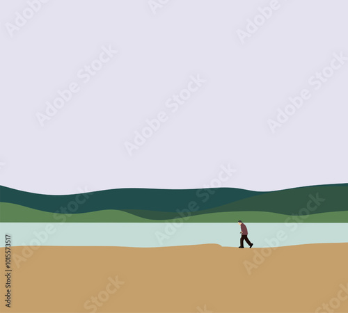 Senior man with walking cane walk near lake on mountain view. Minimal nature art design. Retire relaxation outdoor.