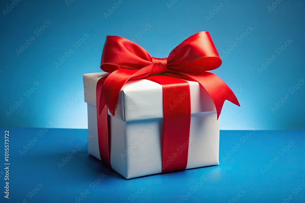 Gift white box with big red bow isolated on blue background aerial view Gift white box with big red bow isolated on blue background aerial view