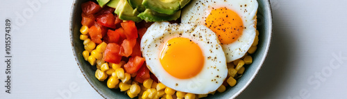 Huevos Rancheros bowl with scrambled eggs, chopped tomatoes, corn, and avocado, arranged in a colorful, layered presentation, Huevos Rancheros Bowl, Mexican Breakfast Bowl photo