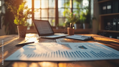 Business Charts and Graphs on Wooden Table in Sunlight