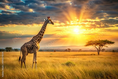 Giraffe standing in African savanna meadow field with beautiful sunset sky reflected on the water