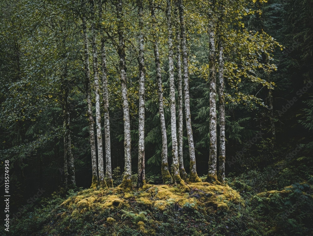 Obraz premium A group of endangered trees standing together in a remote forest, their existence hanging in the balance