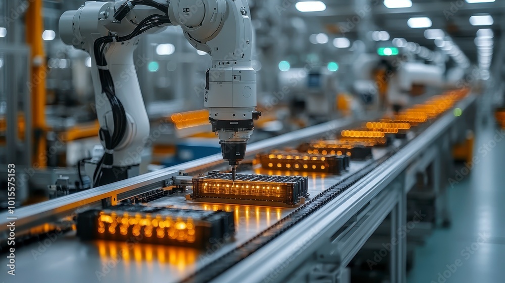 A robotic arm assembling components on a conveyor belt in a manufacturing facility. A robotic arm assembling components on a conveyor belt in a manufacturing facility.