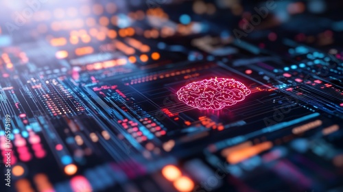 A digital brain glows brightly while interacting with a complex network of electric circuitry in vibrant blue and red hues, symbolizing the flow of data in advanced technology
