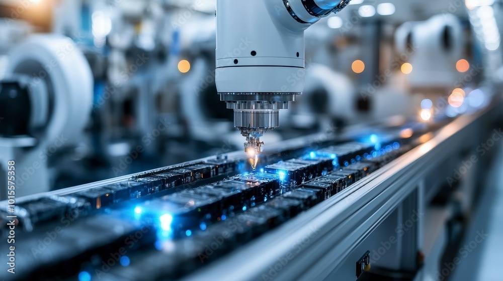A robotic arm performing precision tasks on a production line in a high-tech factory. A robotic arm performing precision tasks on a production line in a high-tech factory.