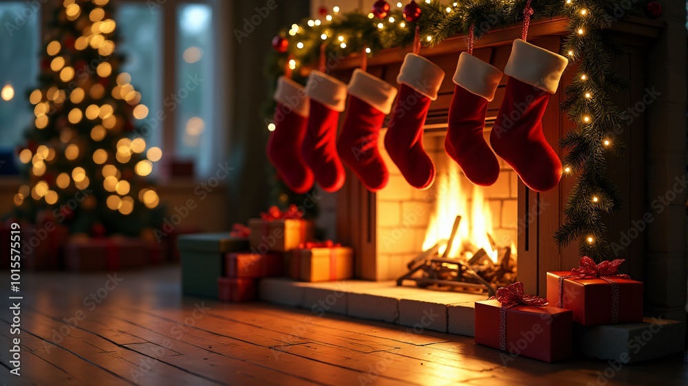 Christmas Stockings and Gifts by the Fireplace Christmas Stockings and Gifts by the Fireplace