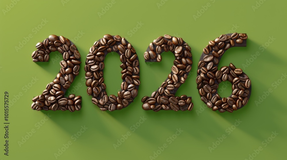 A creative display of the year 2026 arranged in coffee beans against a green backdrop. The beans cast subtle shadows, giving depth to the image. Perfect for coffee-related designs or New Year themes. A creative display of the year 2026 arranged in coffee beans against a green backdrop. The beans cast subtle shadows, giving depth to the image. Perfect for coffee-related designs or New Year themes.