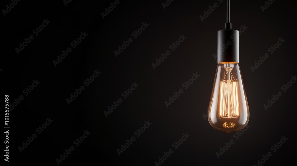 A classic incandescent light bulb hangs from a thin wire, its filament glowing softly and casting a warm orange light while emphasizing the glass's elegant shape against a dark backdrop A classic incandescent light bulb hangs from a thin wire, its filament glowing softly and casting a warm orange light while emphasizing the glass's elegant shape against a dark backdrop