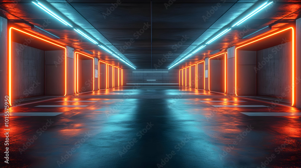 Neon Lights in a Futuristic Corridor 3D Illustration Neon Lights in a Futuristic Corridor 3D Illustration