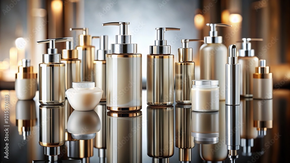 Glamorous vanity concept featuring luxurious lotion bottles on a mirrored surface. Glamorous vanity concept featuring luxurious lotion bottles on a mirrored surface.