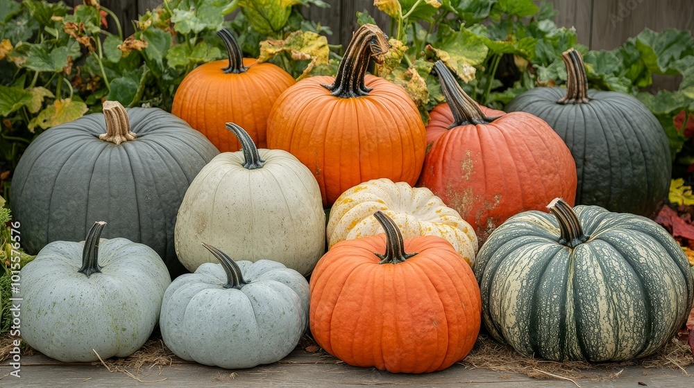 A group of pumpkins of different sizes, arranged in a festive display A group of pumpkins of different sizes, arranged in a festive display