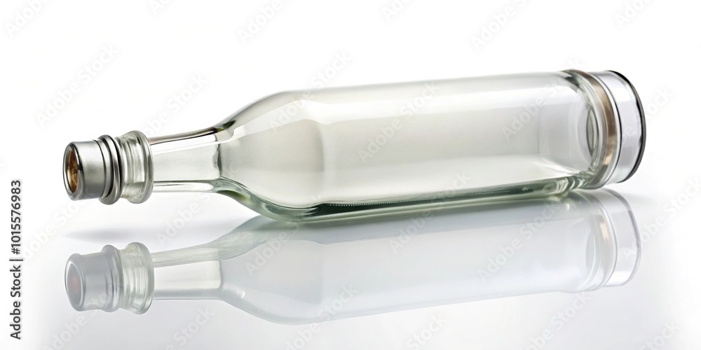 Glass bottle of white liquid at tilted angle on white background Glass bottle of white liquid at tilted angle on white background
