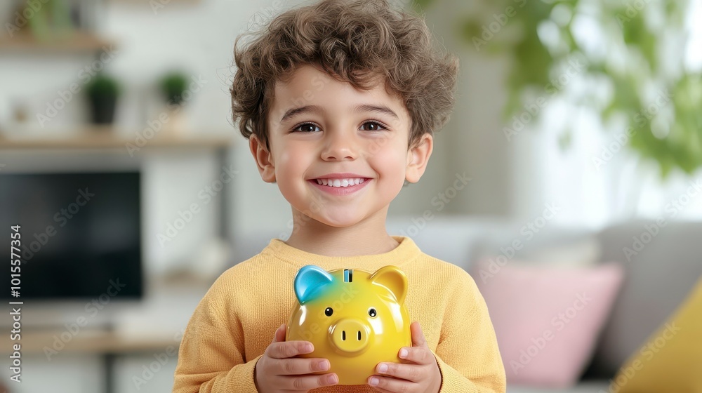 A smiling child holding a yellow piggy bank, symbolizing saving and financial literacy. A smiling child holding a yellow piggy bank, symbolizing saving and financial literacy.