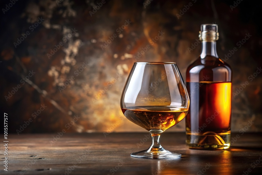 Glass brandy bottle at tilted angle on dark background Glass brandy bottle at tilted angle on dark background