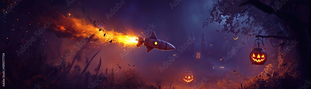 A thrilling Halloween scene featuring a rocket soaring through a dark forest, illuminated by glowing jack-o'-lanterns. A thrilling Halloween scene featuring a rocket soaring through a dark forest, illuminated by glowing jack-o'-lanterns.