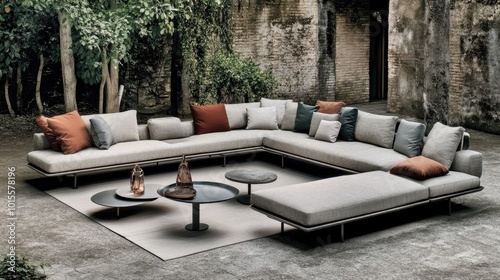 A modern living room featuring a sleek gray sofa with colorful throw pillows, accented by a minimalist coffee table and a lush indoor plant. --chaos 70