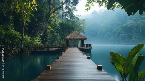 Wooden Dock Extending Towards a Thatched Hut on a Misty Lake