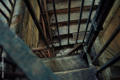 Spiral staircase in an abandoned building. Shallow depth of field.