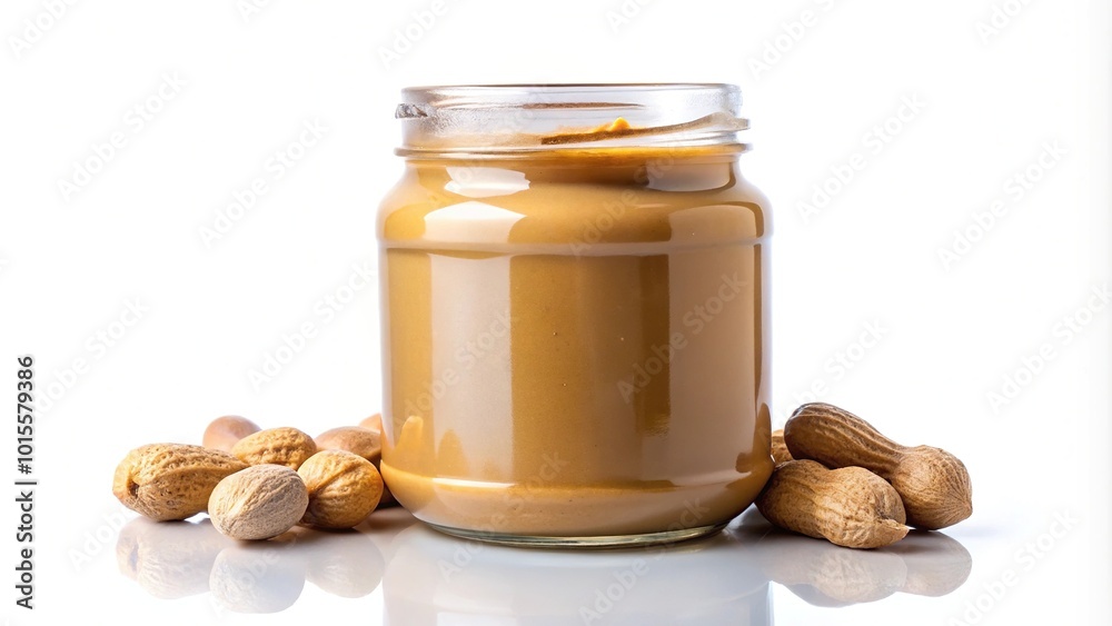 Glass jar filled with peanut butter reflected on white surface Glass jar filled with peanut butter reflected on white surface