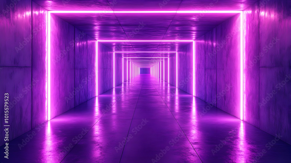 Purple Neon Lights in a Concrete Corridor 3D Illustration Purple Neon Lights in a Concrete Corridor 3D Illustration