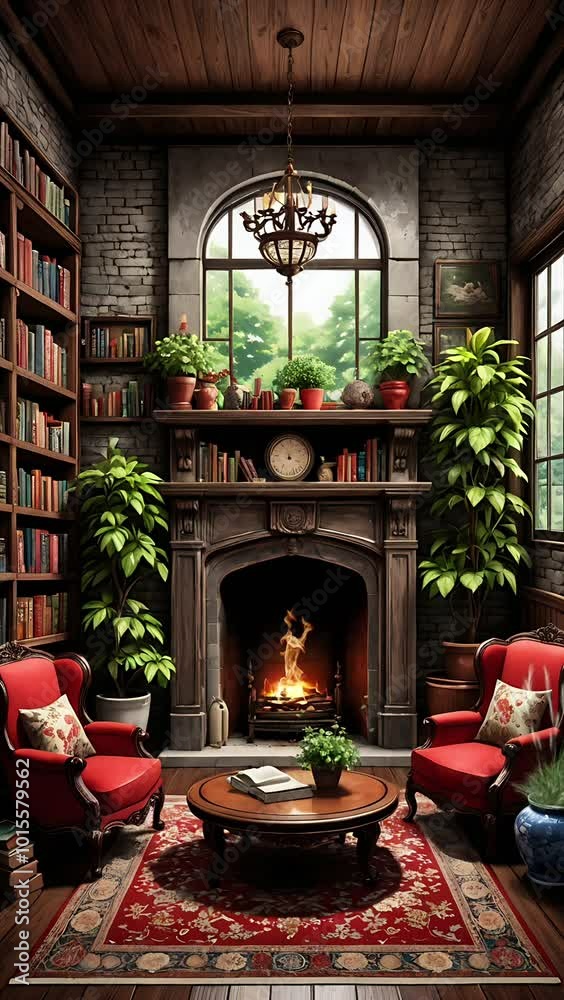 A traditional library featuring a large fireplace, creating a warm intellectual atmosphere, seamless looping 4k animation video background A traditional library featuring a large fireplace, creating a warm intellectual atmosphere, seamless looping 4k animation video background