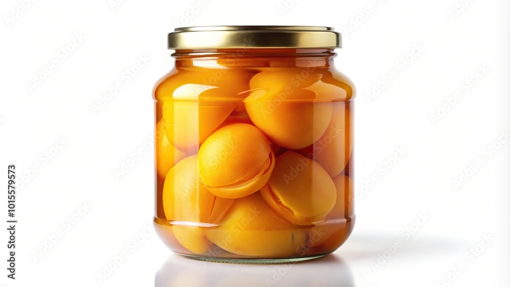 Glass jar of canned peaches with alpha channel isolated on empty background macro