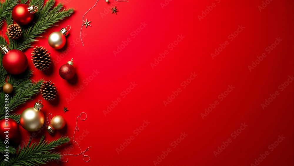 Christmas Tree Ornaments and Pine Cones on a Red Background Christmas Tree Ornaments and Pine Cones on a Red Background
