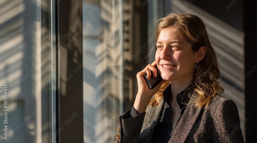 Professional woman on phone call by window with cityscape reflections Professional woman on phone call by window with cityscape reflections