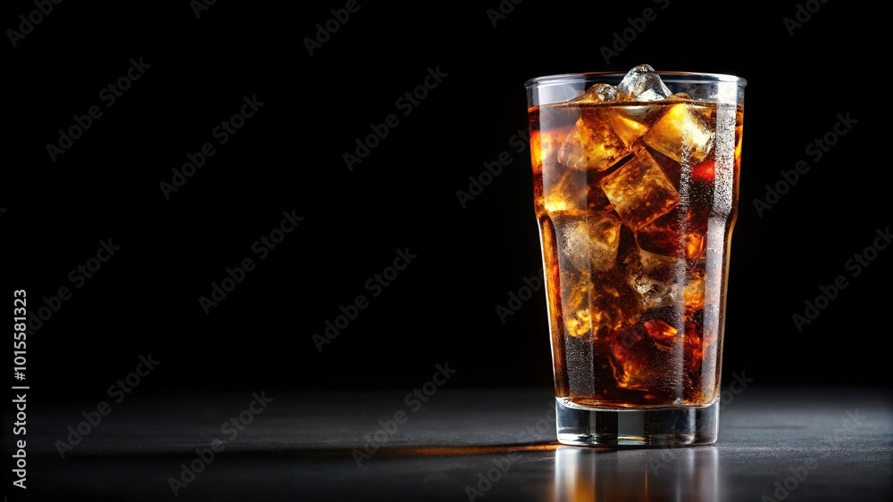 Glass of cola with ice cubes isolated on black background