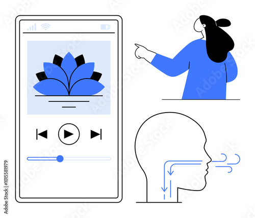 App interface with a flower logo and audio controls. Woman pointing to the right. Breathing diagram demonstrating airflow. Ideal for mindfulness, meditation, relaxation, breathing exercises