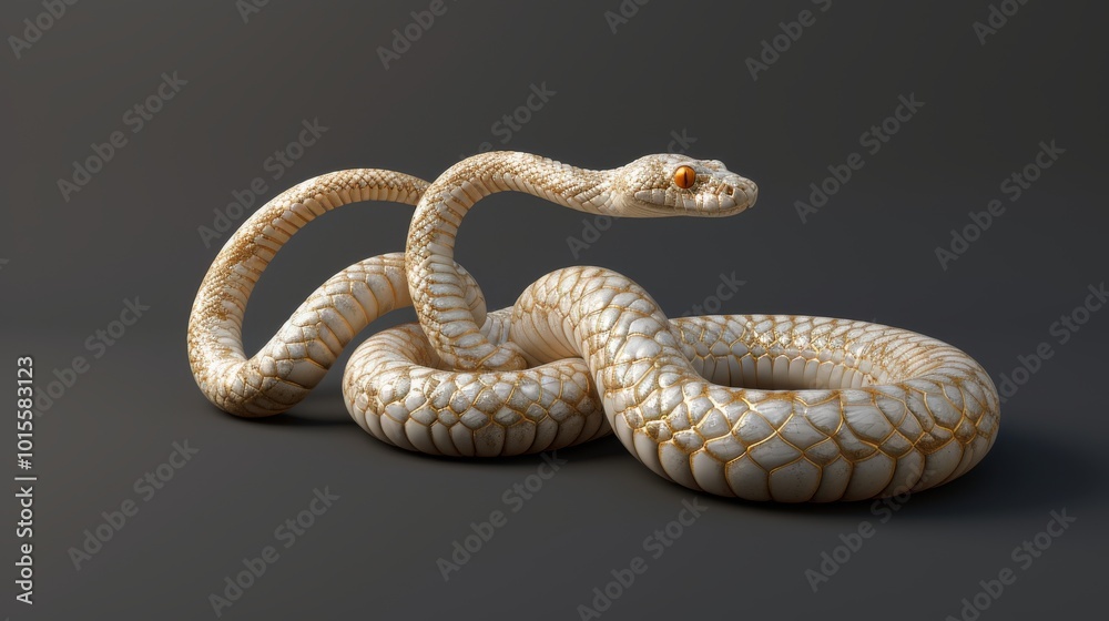 Fototapeta premium A highly detailed 3D render of a white and gold snake coiled on a dark surface, with intricate scale patterns and glowing orange eyes. Ideal for fantasy or animal-themed designs.