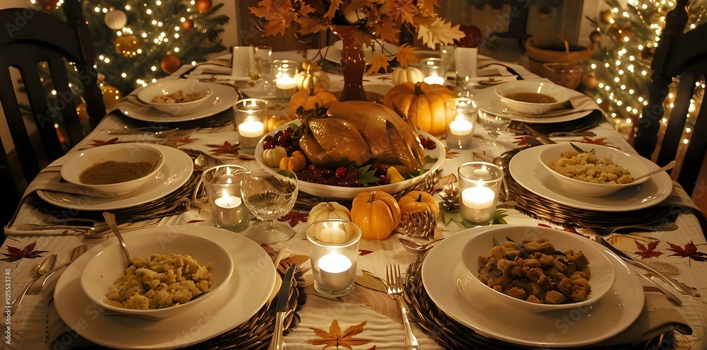 A festive dining table set for a Thanksgiving meal with various dishes and autumn decorations. A festive dining table set for a Thanksgiving meal with various dishes and autumn decorations.