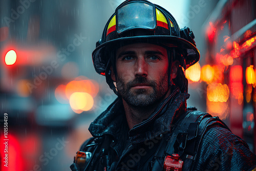 brave firefighter in rain with blurry city lights background