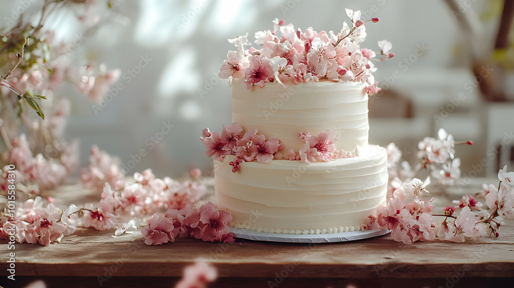 Two-Tier White Cake Decorated with Delicate Pink Flowers - Illustration Two-Tier White Cake Decorated with Delicate Pink Flowers - Illustration