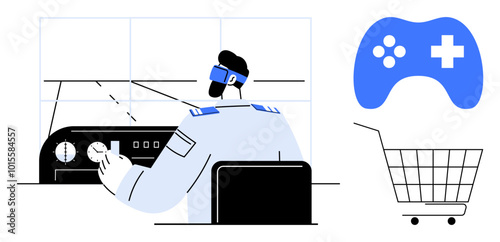 Man wearing VR headset controlling machine with game controller and shopping cart icons. Ideal for gaming, virtual reality, technology, online shopping, and automation. Modern and minimalist style