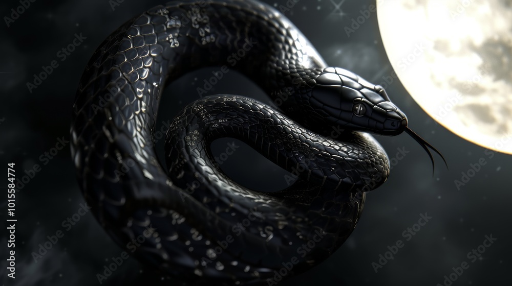 A dark, ominous black snake coiled under a bright full moon, set against a starry night sky. Perfect for mystery, power, or danger-themed projects. A dark, ominous black snake coiled under a bright full moon, set against a starry night sky. Perfect for mystery, power, or danger-themed projects.