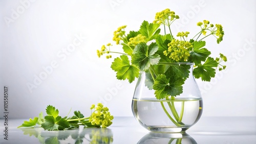 Glass vessel with asymmetrical Alchemilla vulgaris, alchemilla acutiloba, and alchemilla latifolia on white background photo