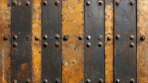 Close-up of a weathered metal door with rusted plates and rivets.