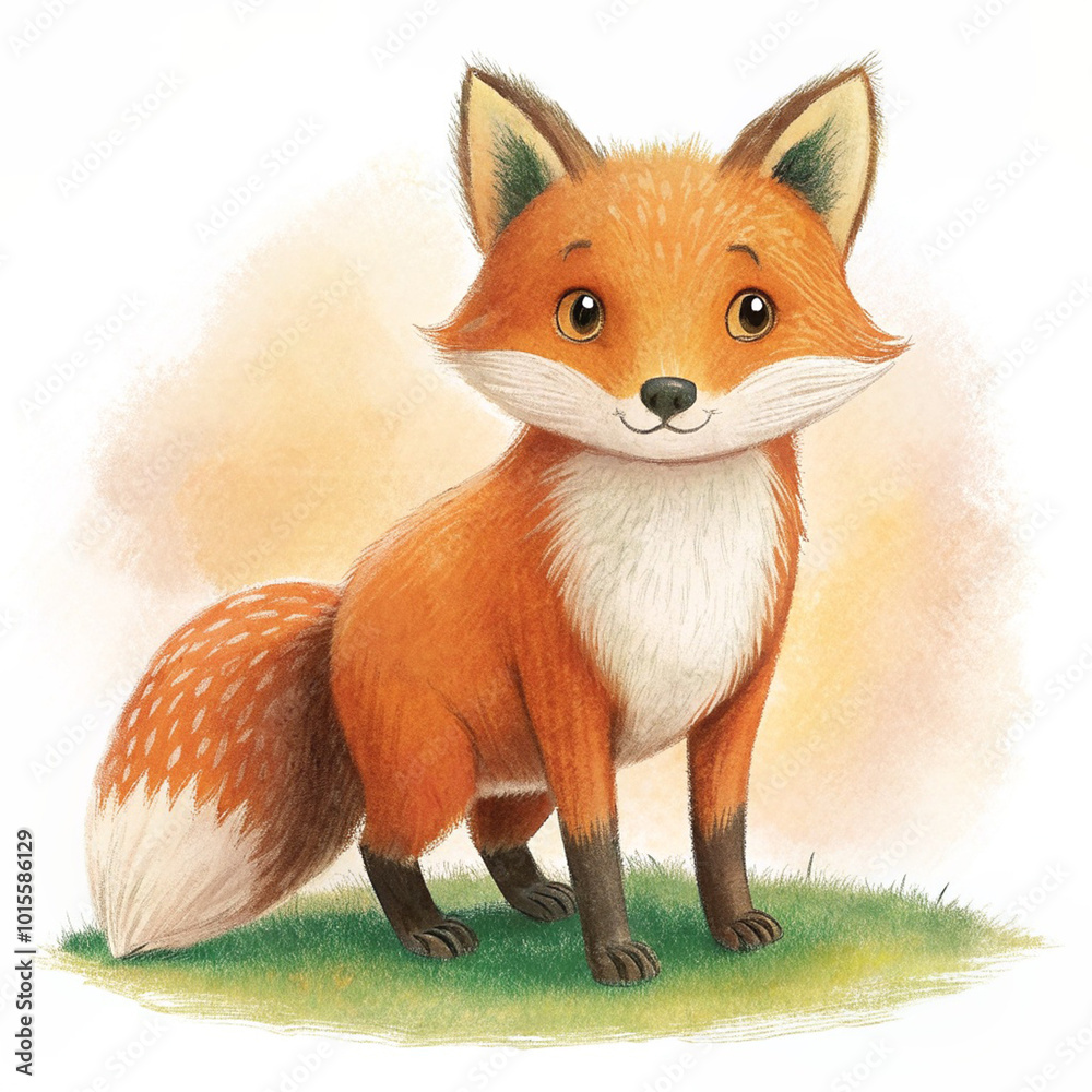 Obraz premium Adorable woodland fox illustration with a friendly expression. Cute illustration of a smiling fox standing on grass, depicting a friendly and whimsical woodland animal