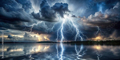 Gloomy and ominous thunder and lightning storm in the sky