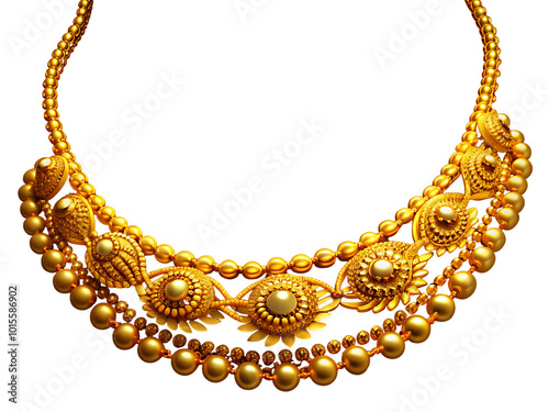 A gold necklace on white background