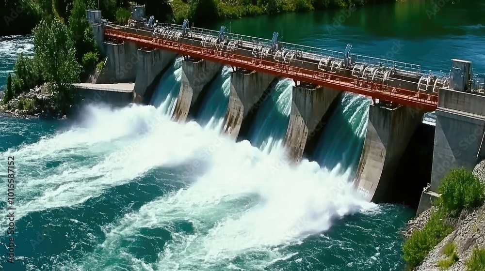 Aerial view of a hydropower turbine installation at a dam, with water flowing through the structure to generate electricity. --chaos 70 Aerial view of a hydropower turbine installation at a dam, with water flowing through the structure to generate electricity. --chaos 70