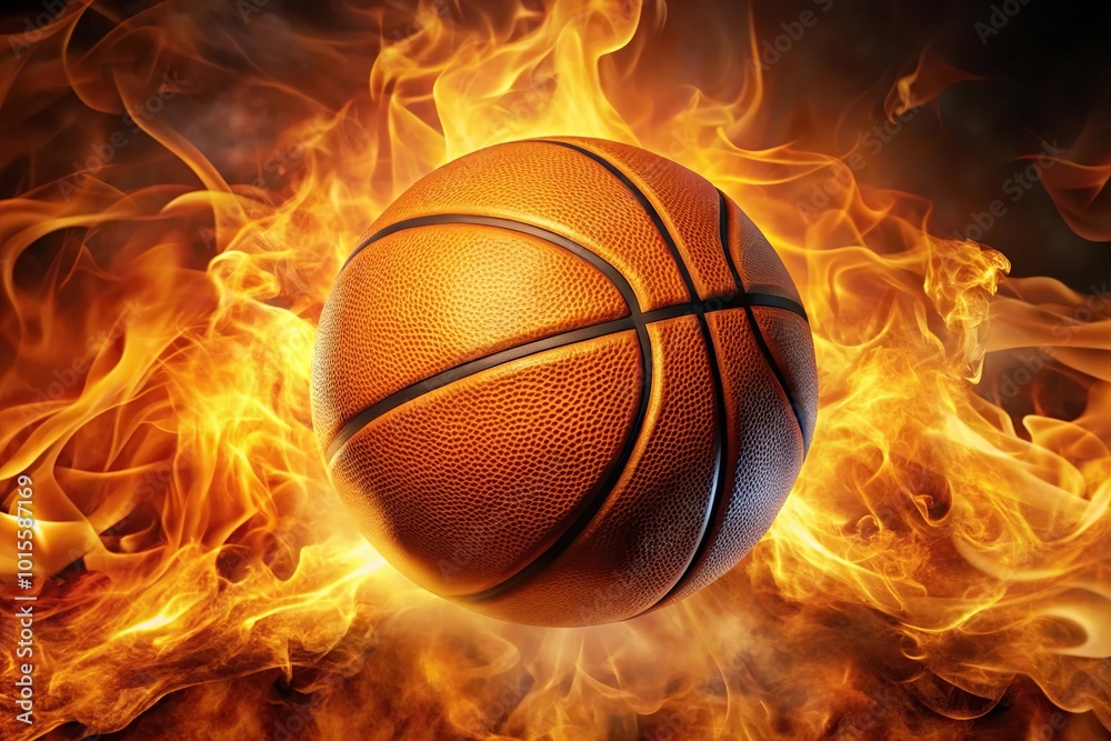 Glowing basketball floating in flames reflection Glowing basketball floating in flames reflection