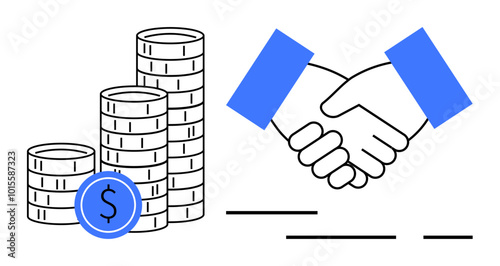 Handshake and coin stacks highlight business agreements and financial growth. Ideal for finance, collaboration, transactions, success, investment. Modern minimalistic style