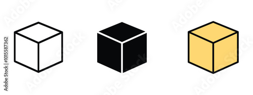 Three cube icon set shown in different colors. The first cube is white and black in outline style, the second is cube icon silhouette, and the third in editable yellow and black colors